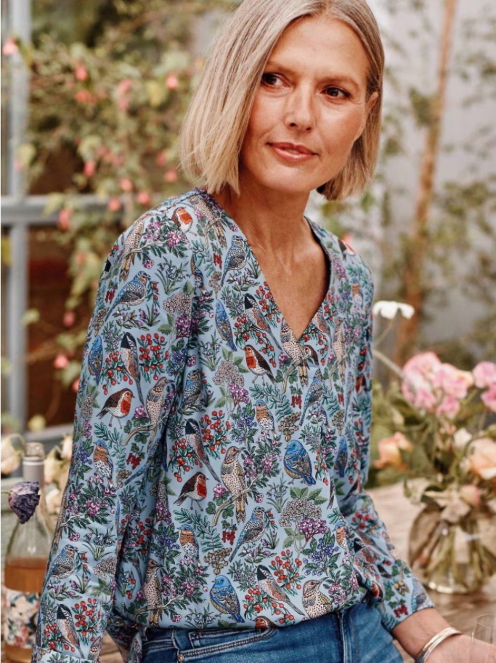 J. Jill Perched Birds Printed Popover In Misty Blue Vibrant Menagerie - XL